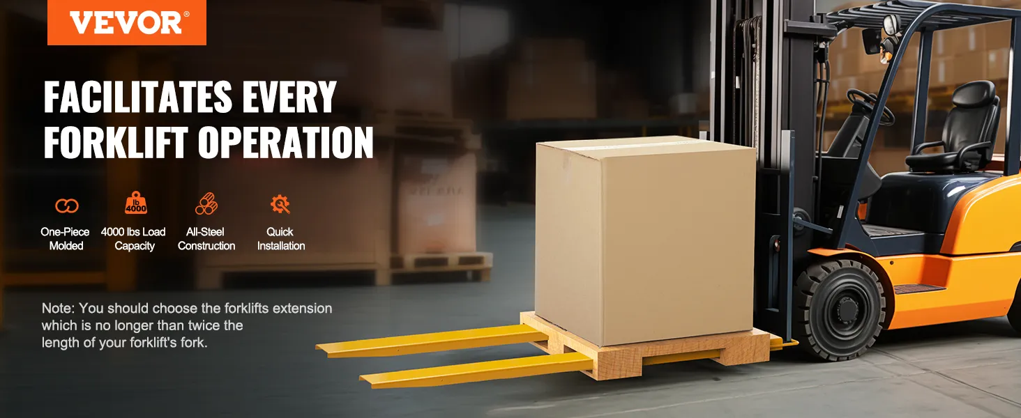 VEVOR forklift extensions lifting a 4000 lb box on a pallet, highlighting their strength and efficiency.