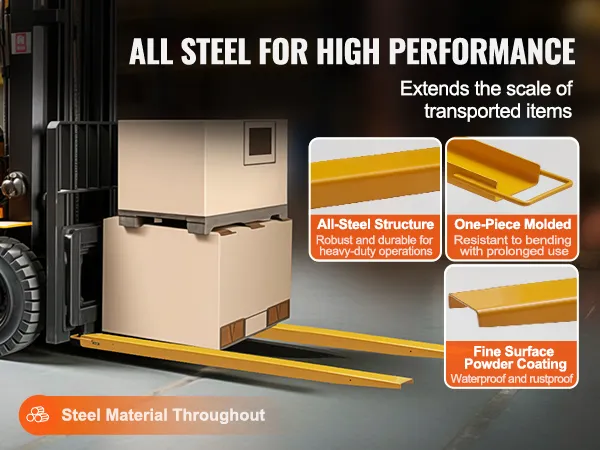 yellow VEVOR forklift with steel extensions lifting a pallet, featuring robust and durable all-steel structure.