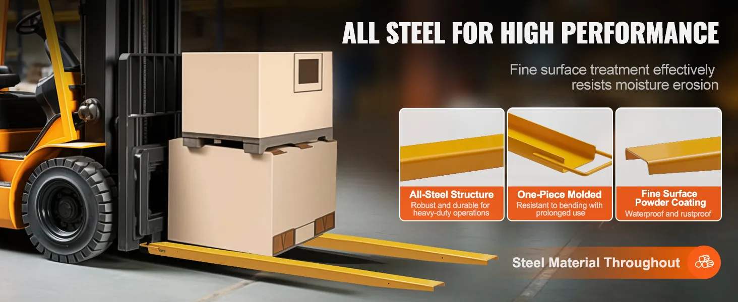 yellow VEVOR forklift with steel extensions lifting a pallet, featuring robust and durable all-steel structure.