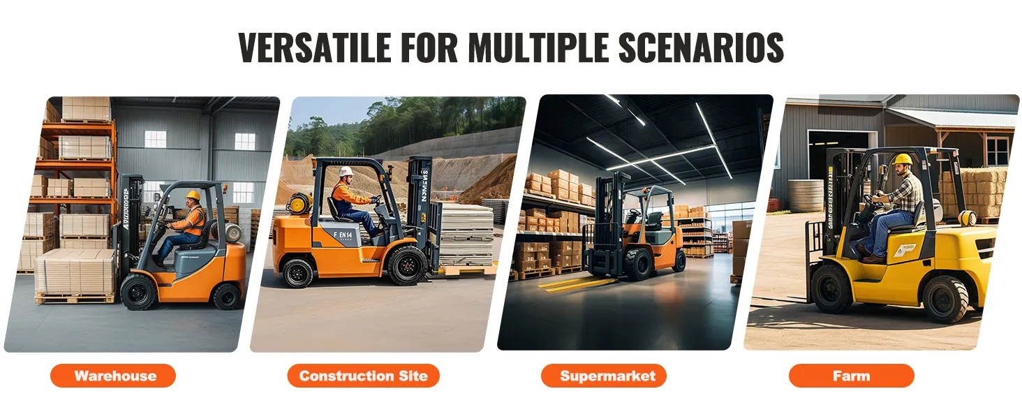 VEVOR forklift extensions used in warehouse, construction site, supermarket, and farm settings.