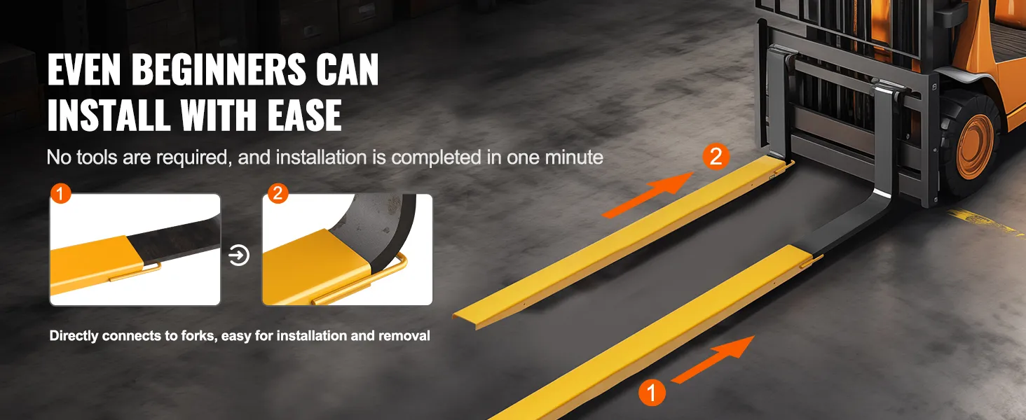 VEVOR forklift extensions easily installed on forklift forks without tools in a warehouse setting.