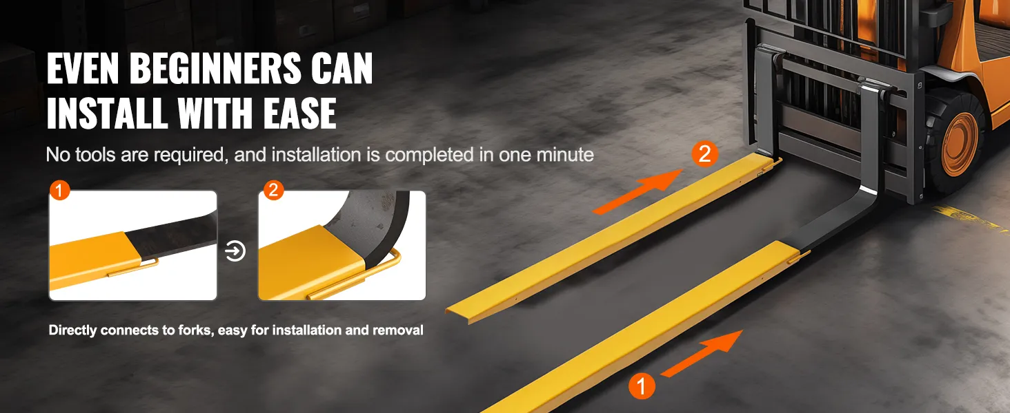 VEVOR pallet fork extensions installation guide shows attachment to forklift forks with ease for beginners.