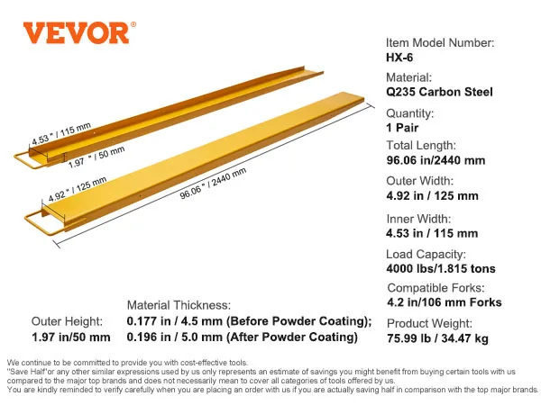 VEVOR pallet fork extensions, q235 carbon steel, 96.06 in length, 4000 lbs capacity, 4.92 in width.