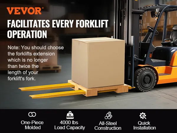 VEVOR pallet fork extensions for forklifts, 4000lb capacity, all-steel, one-piece molded construction.