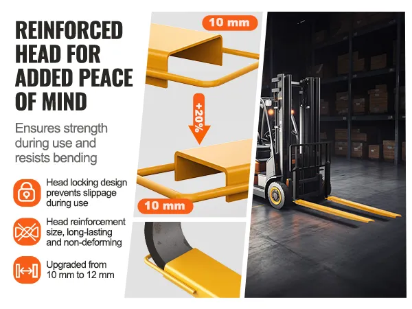 reinforced VEVOR pallet fork extensions with 12 mm upgrade and head locking design on a forklift.