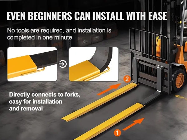 forklifts with VEVOR pallet fork extensions in use at warehouse, construction site, supermarket, and farm.