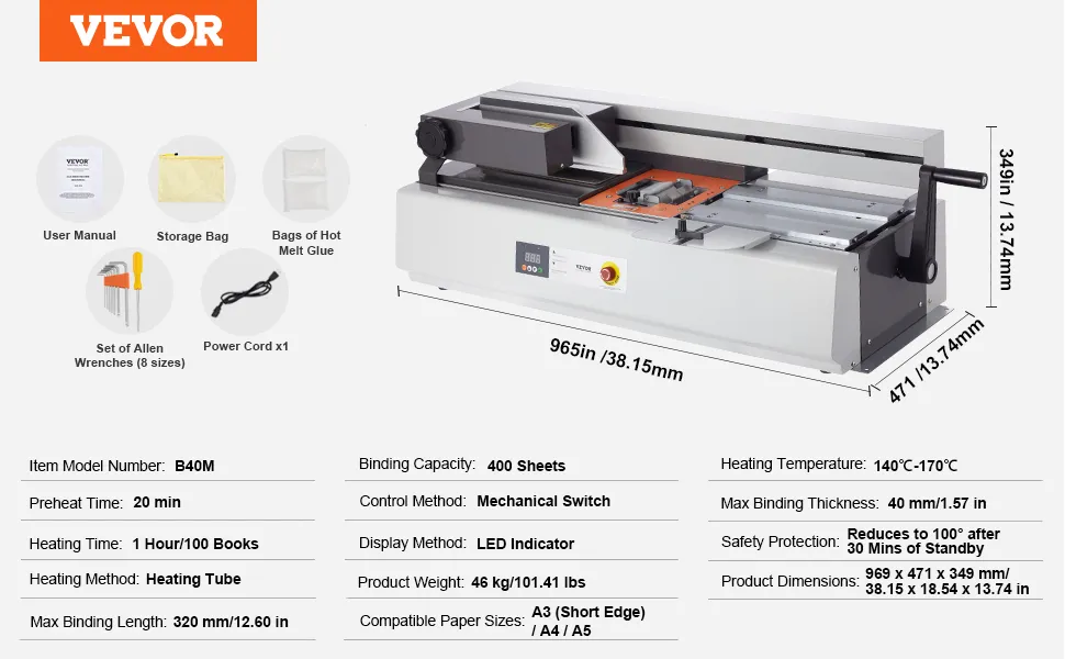 Máquina encuadernadora térmica VEVOR con manual de usuario, bolsa de almacenamiento, pegamento termofusible, llaves Allen y cable de alimentación.