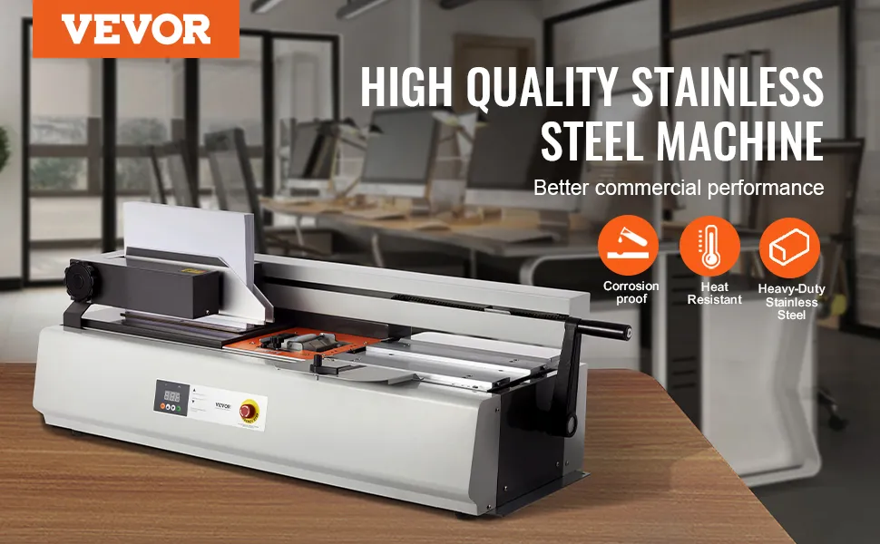 Máquina encuadernadora térmica VEVOR en oficina moderna; resistente a la corrosión, resistente al calor, acero inoxidable de alta resistencia.