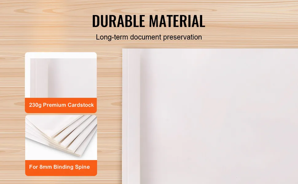 VEVOR thermal binding covers: 230g premium cardstock, 8mm binding spine, durable material for documents.