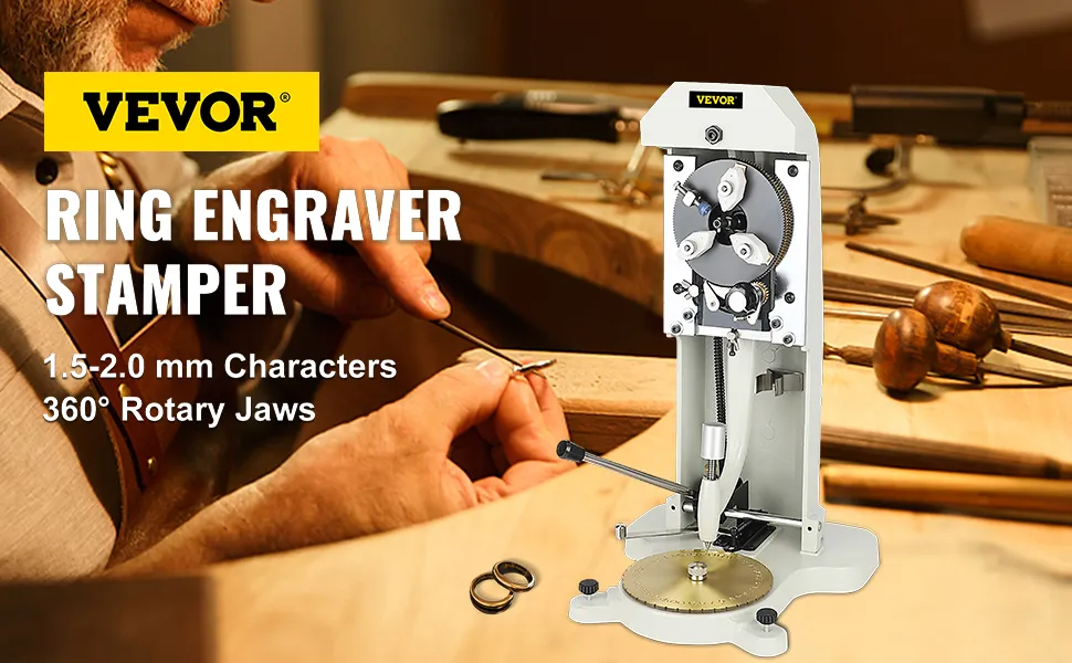 VEVOR-Ringgravierstempel auf der Werkbank eines Handwerkers, mit Präsentation der Gravurwerkzeuge.