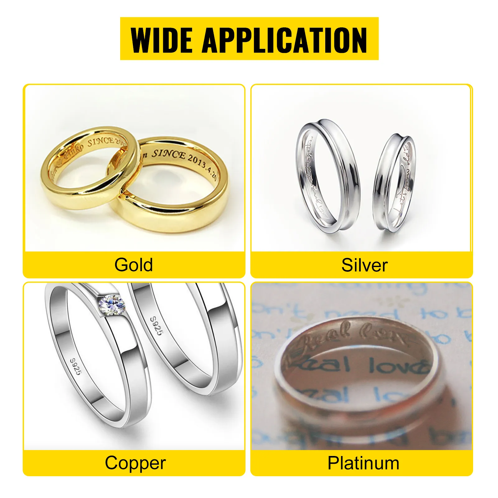 Breite Anwendung des VEVOR-Ringgravierers auf Gold-, Silber-, Kupfer- und Platinringen.