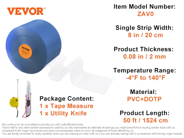 VEVOR strip curtain, 8in width, 50ft length, -4°f to 140°f, pvc+dotp material, includes tape measure and utility knife.