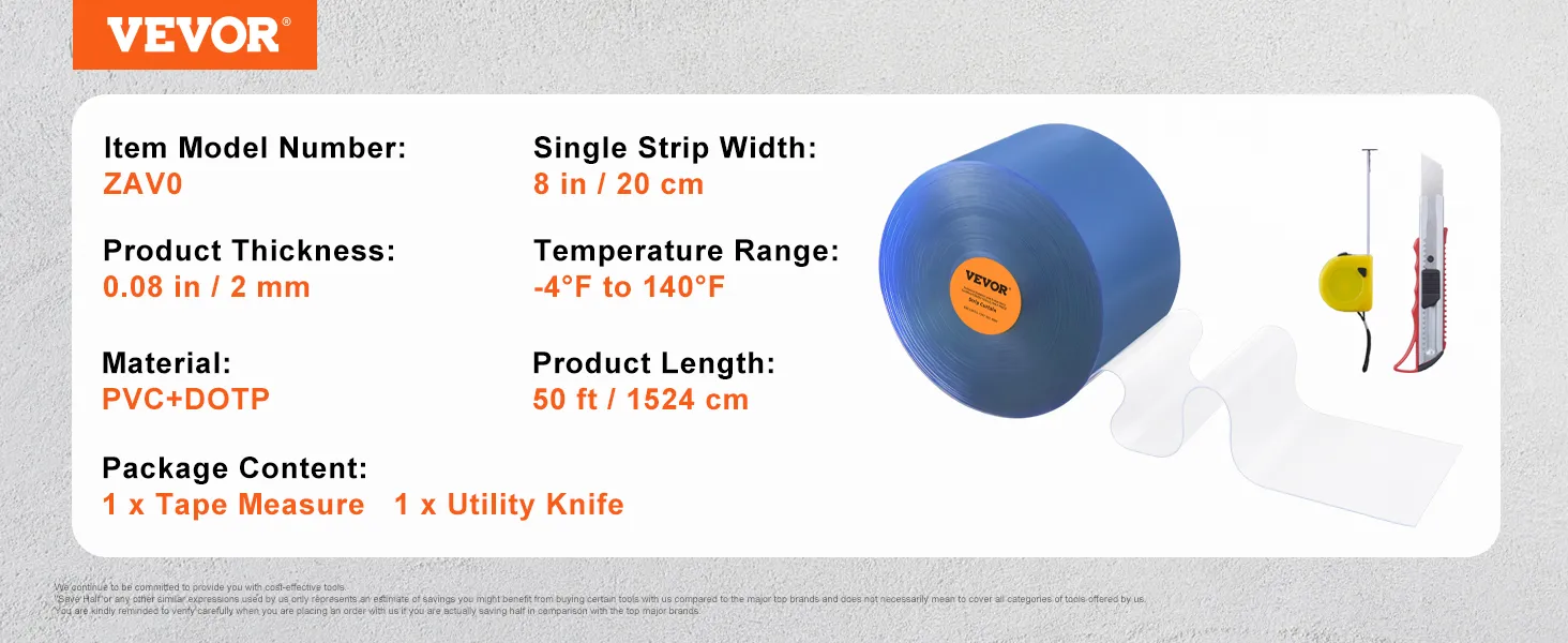 VEVOR strip curtain, 8in width, 50ft length, -4°f to 140°f, pvc+dotp material, includes tape measure and utility knife.
