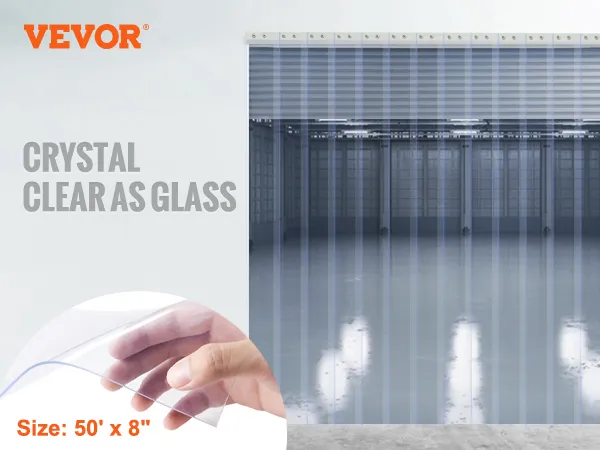 VEVOR strip curtain, crystal clear with no impact on indoor lighting, size 50' x 8".