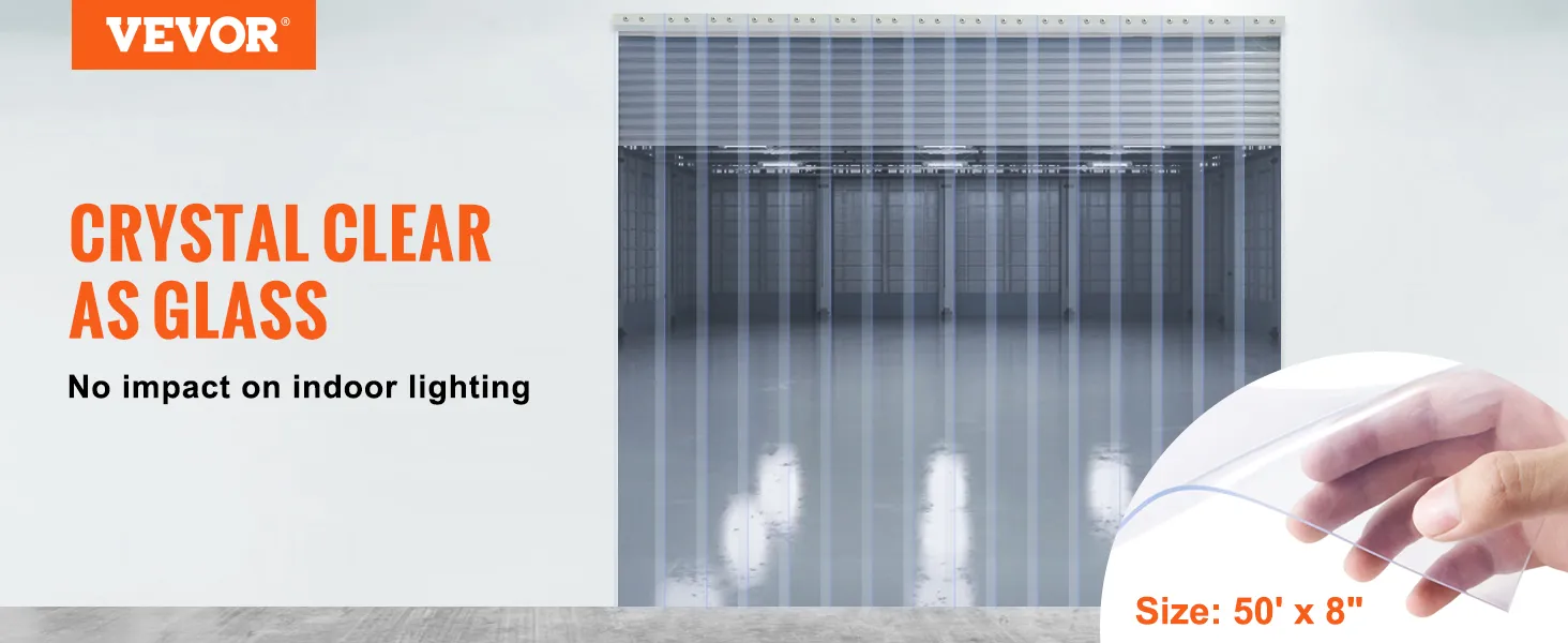 VEVOR strip curtain, crystal clear with no impact on indoor lighting, size 50' x 8".