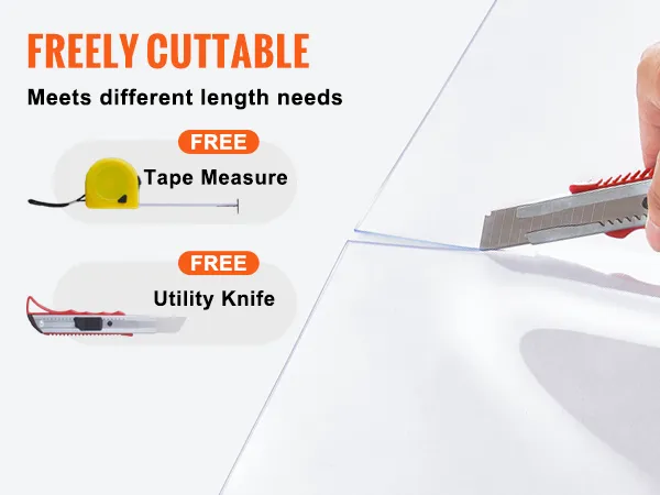 freely cuttable VEVOR strip curtain with free tape measure and utility knife for various lengths.