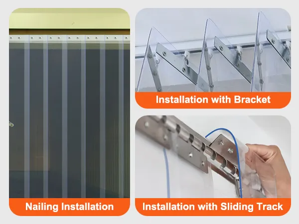VEVOR strip curtain installation methods: nailing, bracket, and sliding track. fix with screws.