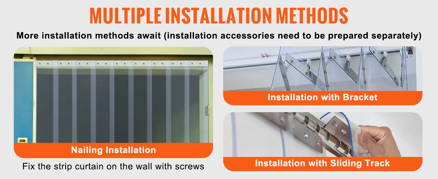 VEVOR strip curtain installation methods: nailing, bracket, and sliding track. fix with screws.