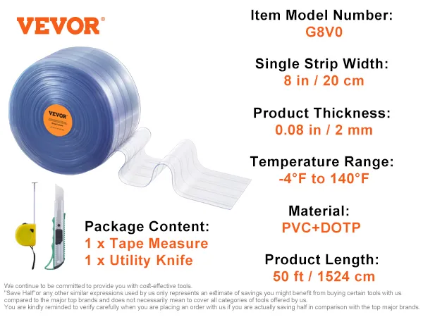 VEVOR-Streifenvorhang, Modell G8V0, 8 Zoll Breite, 50 Fuß Länge, inklusive Maßband und Universalmesser.
