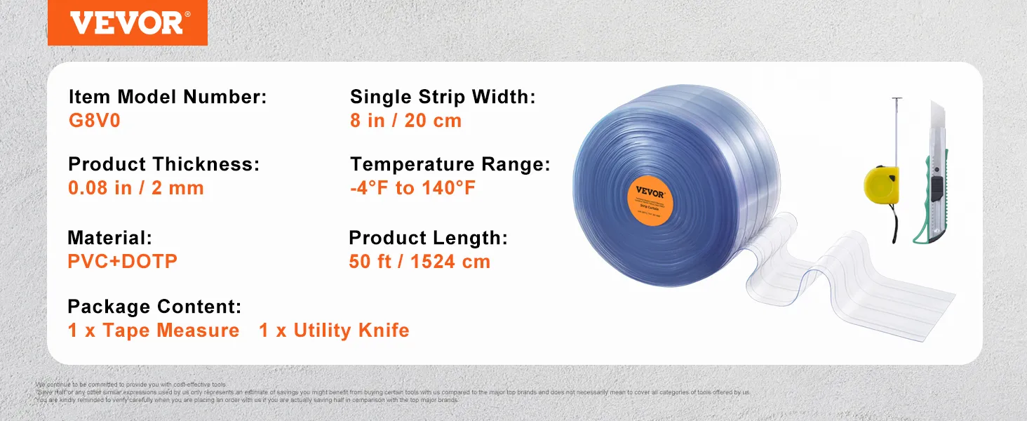 VEVOR-Streifenvorhang, Modell G8V0, 8 Zoll Breite, 50 Fuß Länge, inklusive Maßband und Universalmesser.