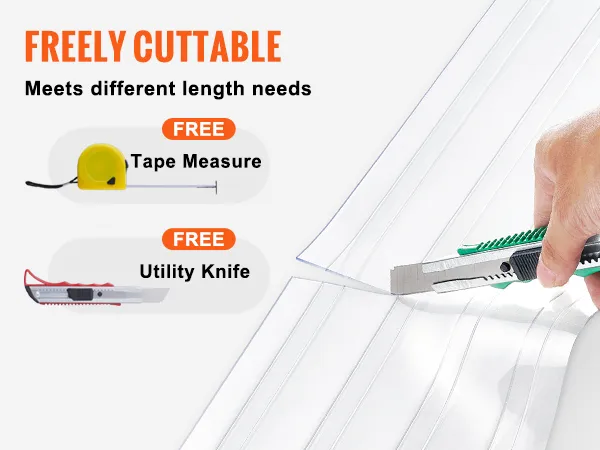 Frei zuschneidbarer VEVOR-Streifenvorhang mit kostenlosem Maßband und Universalmesser für unterschiedliche Längenanforderungen.