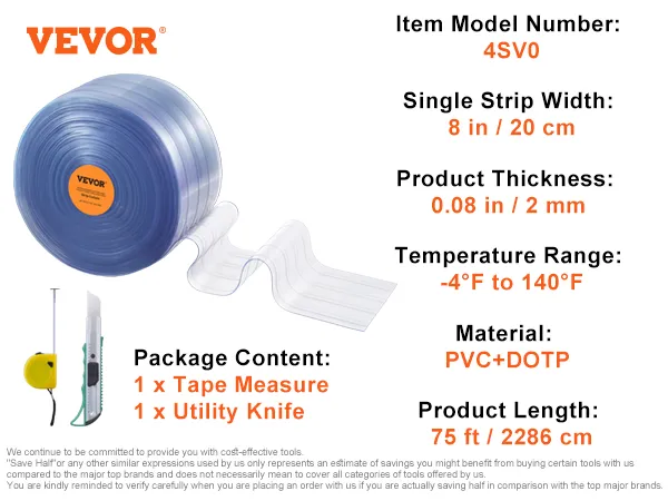 Zasłona paskowa VEVOR, szerokość 8 cali, długość 75 stóp, grubość 0,08 cala, PVC + kropki, miarka krawiecka, nóż uniwersalny.