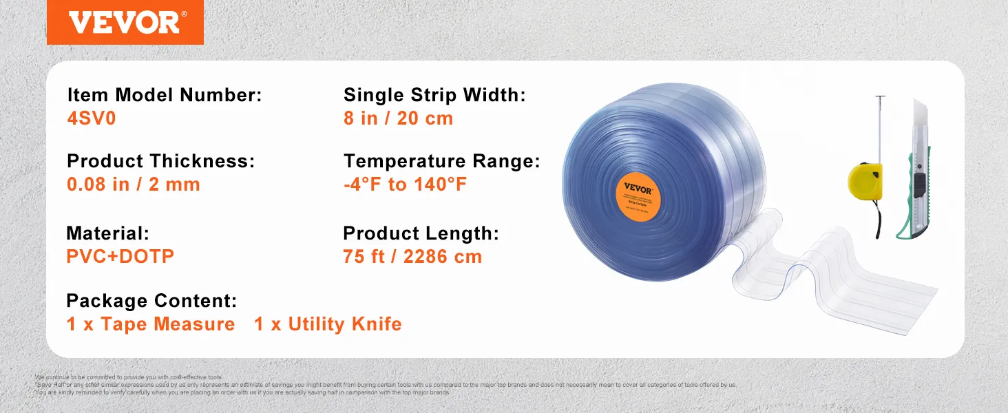 Zasłona paskowa VEVOR, szerokość 8 cali, długość 75 stóp, grubość 0,08 cala, PVC + kropki, miarka krawiecka, nóż uniwersalny.