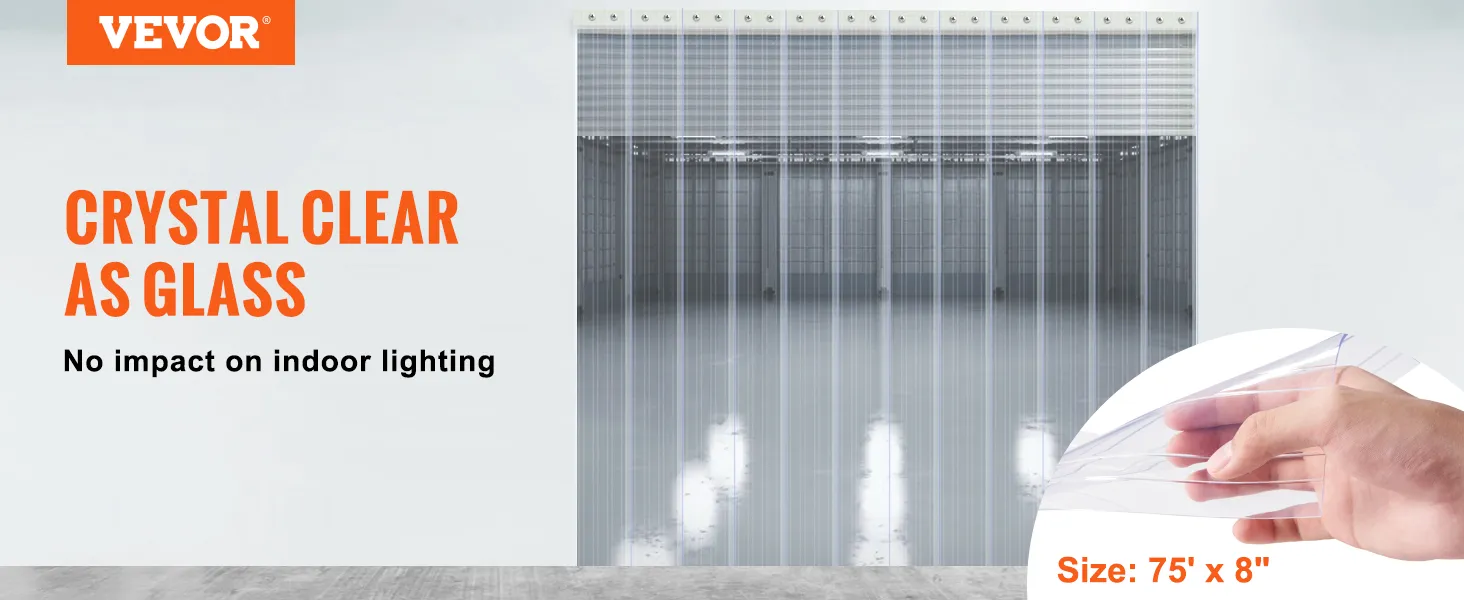 Zasłona paskowa VEVOR, przezroczysta, nie wpływa na oświetlenie wewnętrzne, wymiary 75' x 8".
