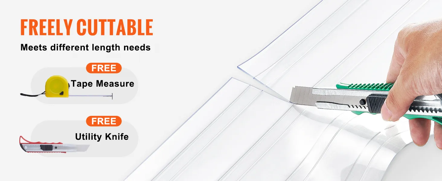 dowolnie przycinana zasłona paskowa VEVOR z miarką krawiecką i nożem uniwersalnym, umożliwiająca przycinanie zasłon o różnej długości.