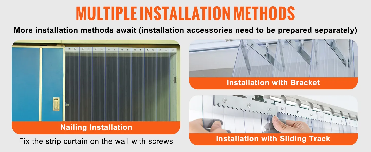 Metody montażu kurtyn paskowych VEVOR: przybijanie, montaż za pomocą wsporników i szyn przesuwnych.