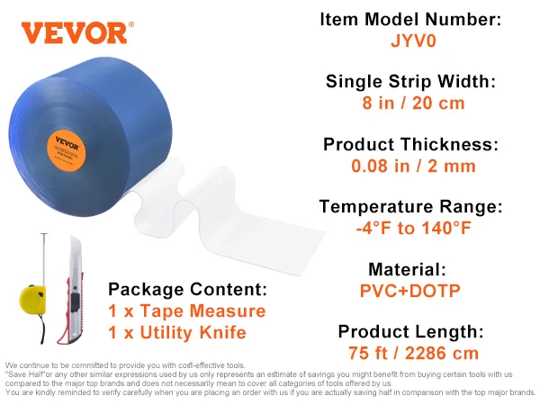 Tenda a strisce VEVOR, lunghezza 75 piedi, larghezza 8 pollici, spessore 0,08 pollici, PVC+dotp, include metro a nastro e taglierino.