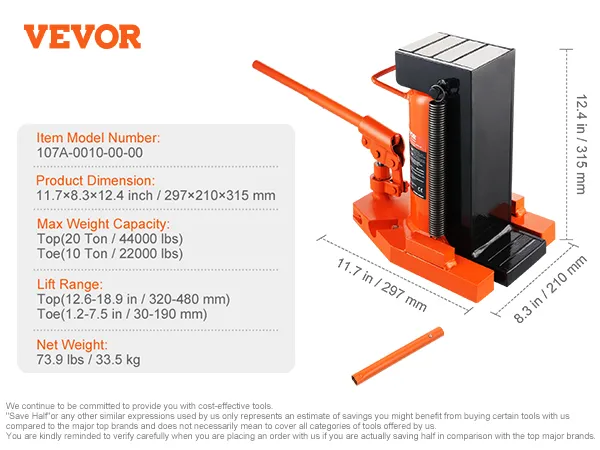VEVOR hydraulische teenkrik met een capaciteit van 20 ton, afmetingen 11,7×8,3×12,4 en een gewicht van 73,9 lbs.