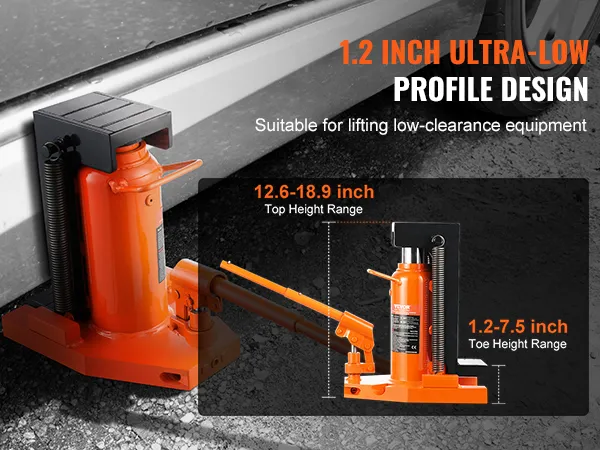 VEVOR hydraulische teenkrik voor het heffen van apparatuur met een lage bodemvrijheid en een 1,2-inch ultralaag profiel.