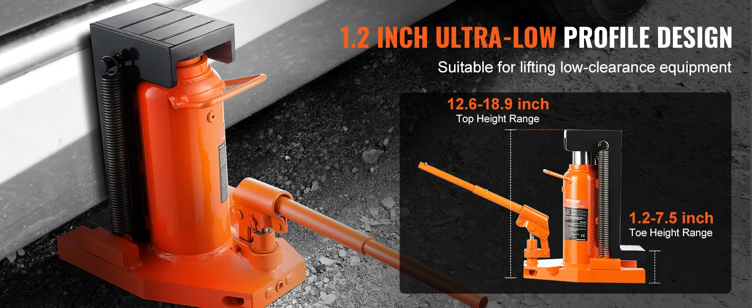 VEVOR hydraulische teenkrik voor het heffen van apparatuur met een lage bodemvrijheid en een 1,2-inch ultralaag profiel.
