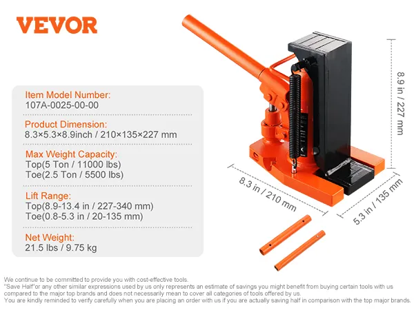 VEVOR hydraulic toe jack, 5-ton capacity, dimensions 8.3x5.3x8.9 inches.