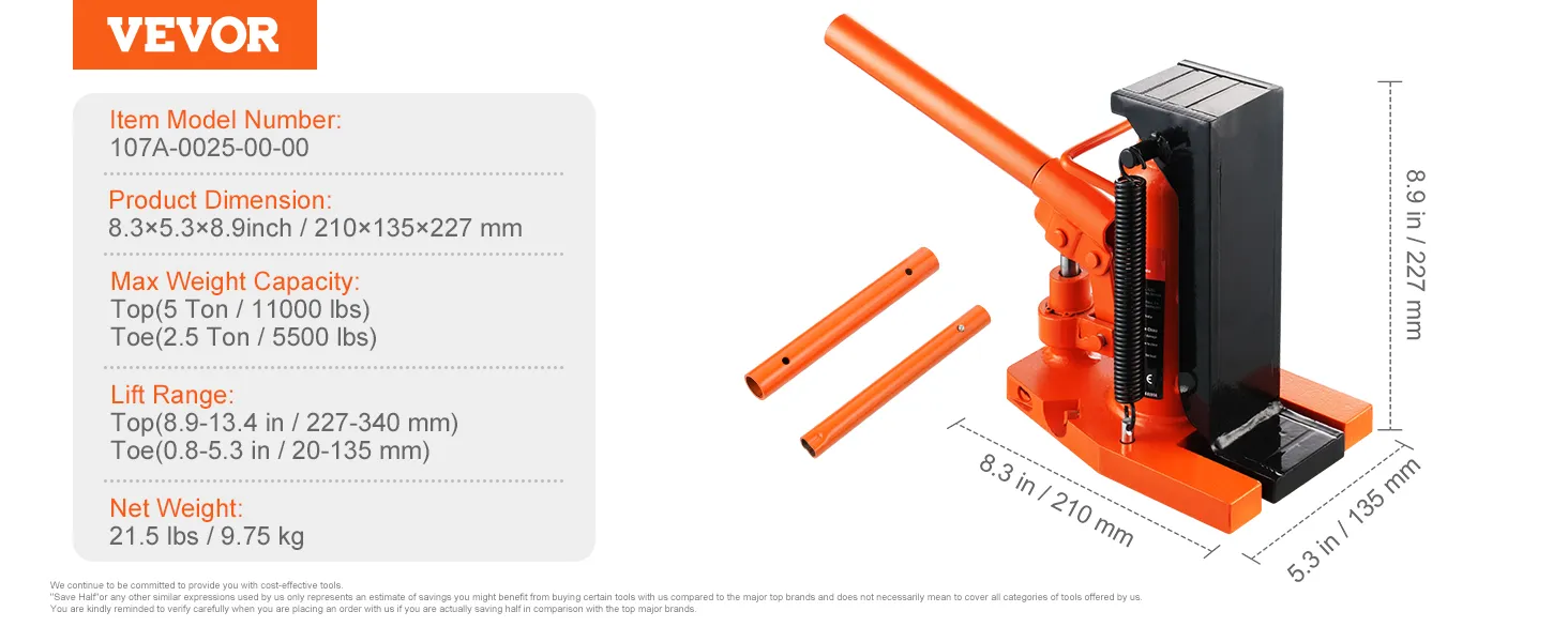 VEVOR hydraulic toe jack, 5-ton capacity, dimensions 8.3x5.3x8.9 inches.