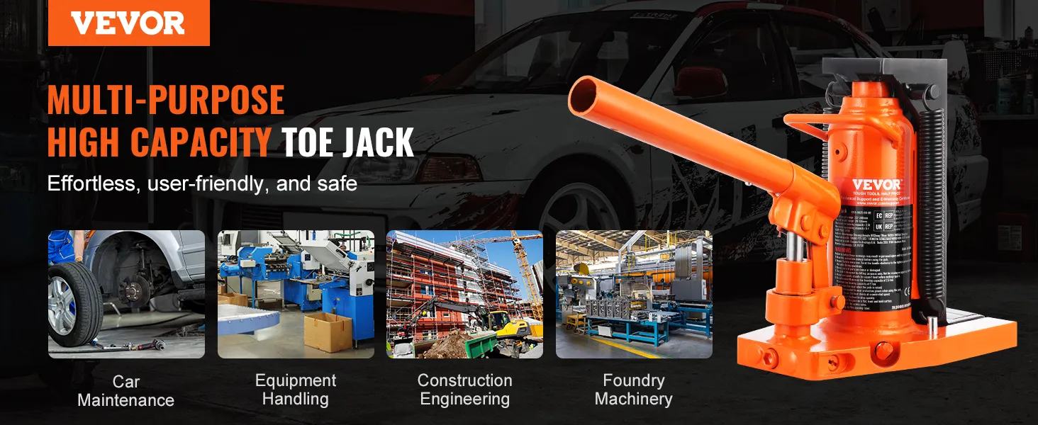 VEVOR hydraulic toe jack: multi-purpose tool for car maintenance, equipment handling, and construction.
