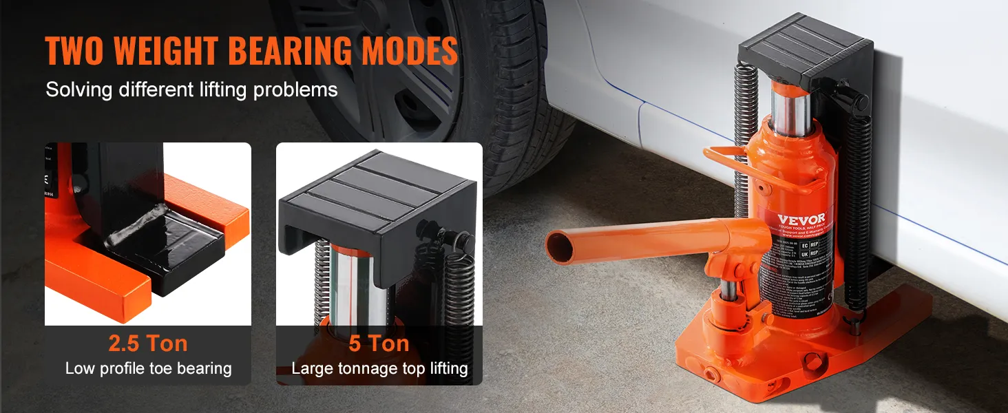 VEVOR hydraulic toe jack under car, showcasing 2.5 ton and 5 ton weight-bearing options for top lifting.