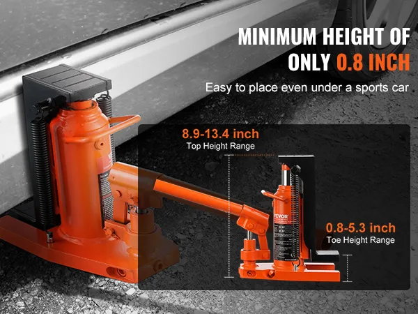 VEVOR hydraulic toe jack with 0.8-5.3 inch toe height range and 8.9-13.4 inch top height range.