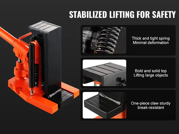 VEVOR hydraulic toe jack showcasing robust spring, solid top, and sturdy one-piece claw for safe lifting.