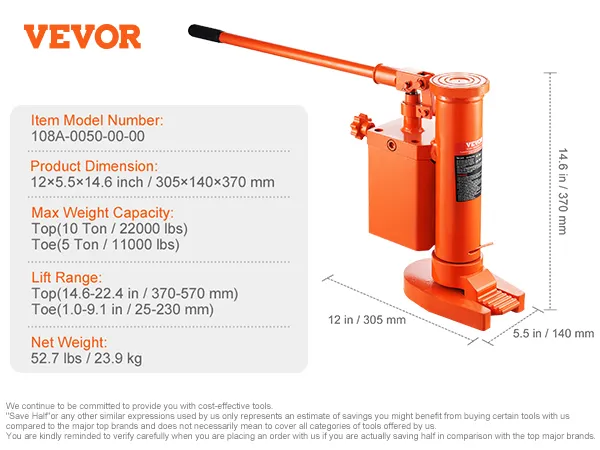 VEVOR hydraulic toe jack shown with dimensions and specifications, including weight capacity and lift range.