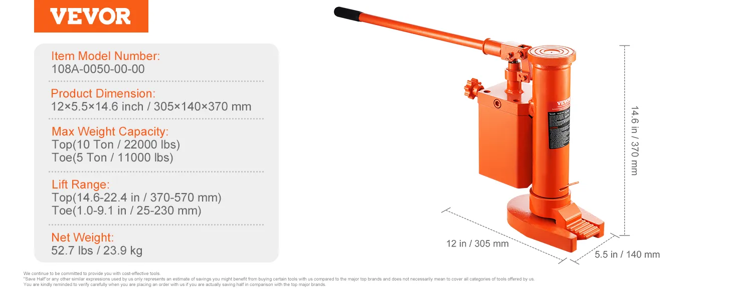 VEVOR hydraulic toe jack shown with dimensions and specifications, including weight capacity and lift range.