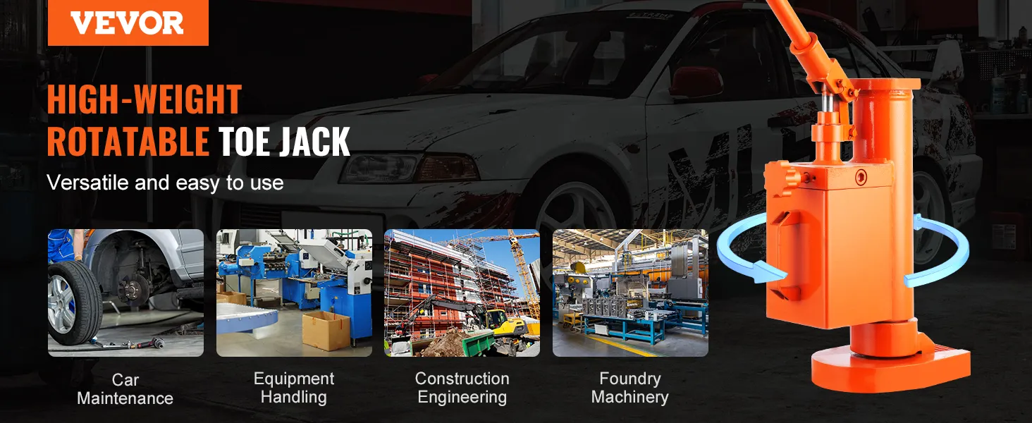 VEVOR hydraulic toe jack for high-weight and rotatable lifting, versatile for various industries.