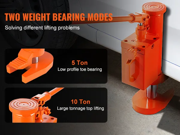 VEVOR hydraulic toe jack with two weight modes: 5-ton low profile and 10-ton large tonnage top lifting.