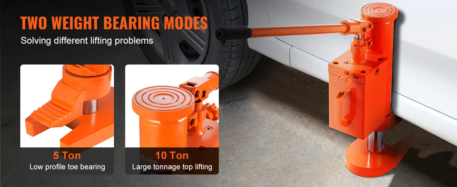 VEVOR hydraulic toe jack with two weight modes: 5-ton low profile and 10-ton large tonnage top lifting.