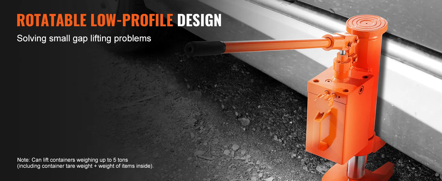 VEVOR hydraulic toe jack with a rotatable low-profile design lifts up to 5 tons.