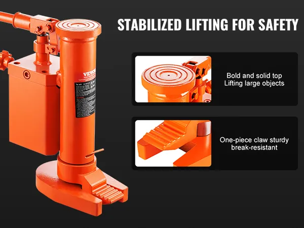 VEVOR hydraulic toe jack: stabilized lifting mechanism, bold top, break-resistant claw for safety.