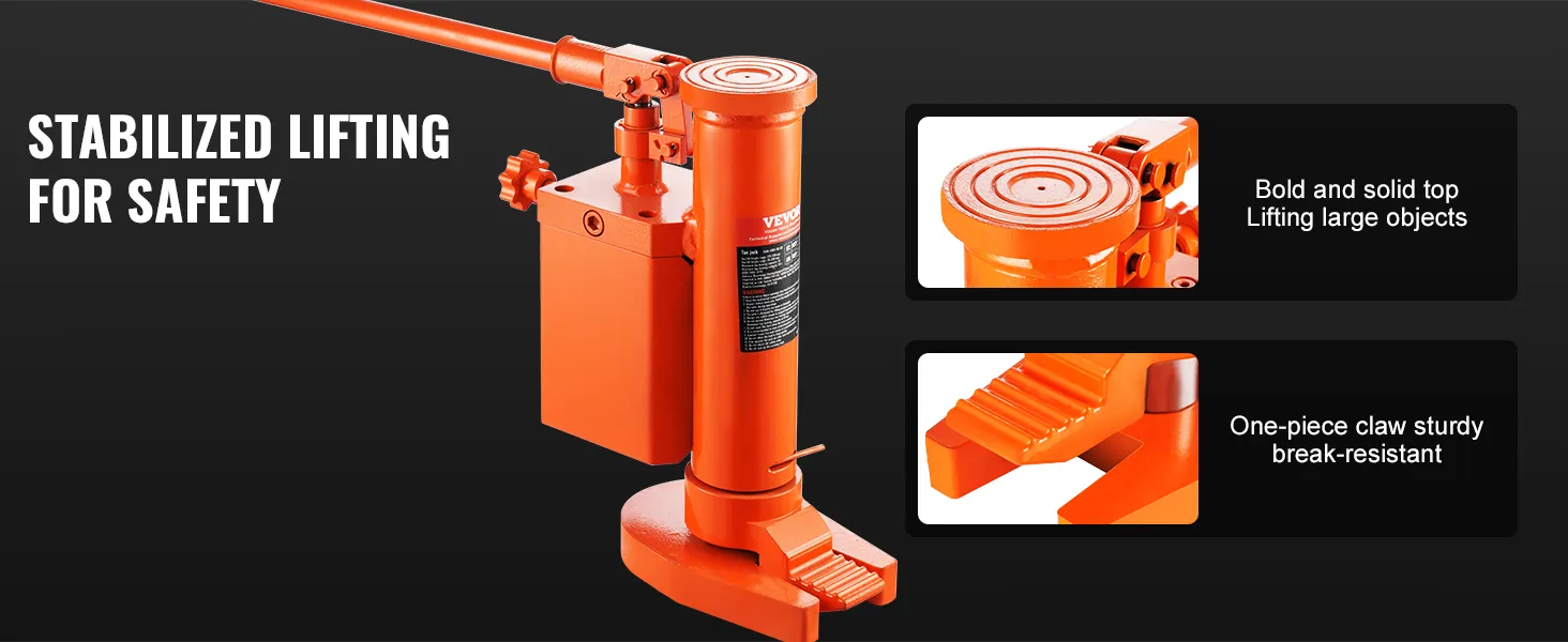 VEVOR hydraulic toe jack: stabilized lifting mechanism, bold top, break-resistant claw for safety.
