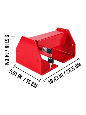 red VEVOR cargo container lock with dimensions labeled in inches and centimeters.