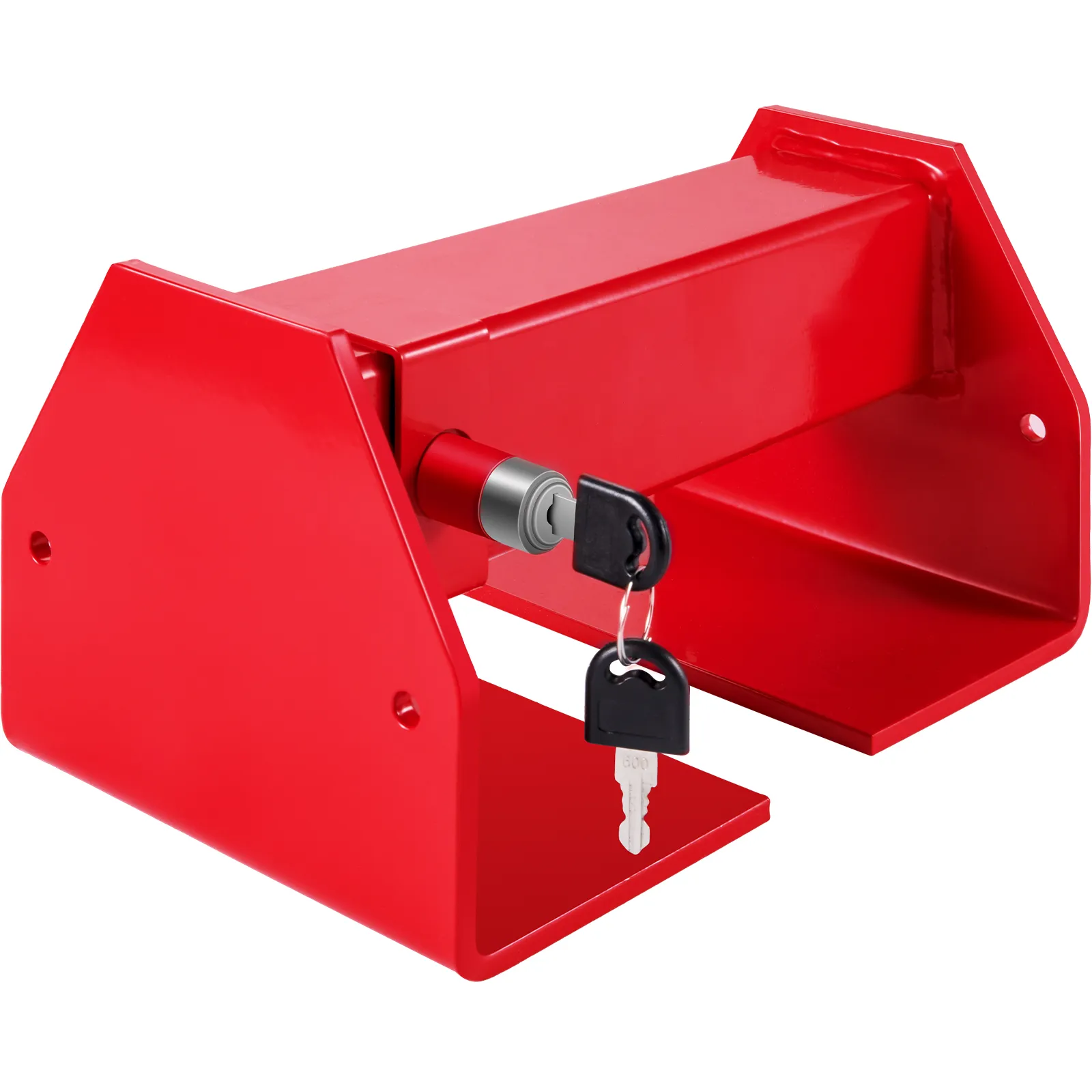red VEVOR cargo container lock with keys inserted in the locking mechanism.